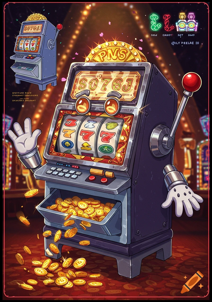A vibrant cartoon slot machine character with googly eyes and gloved hands, dispensing gold coins into a tray. Another smaller slot machine is in the background.