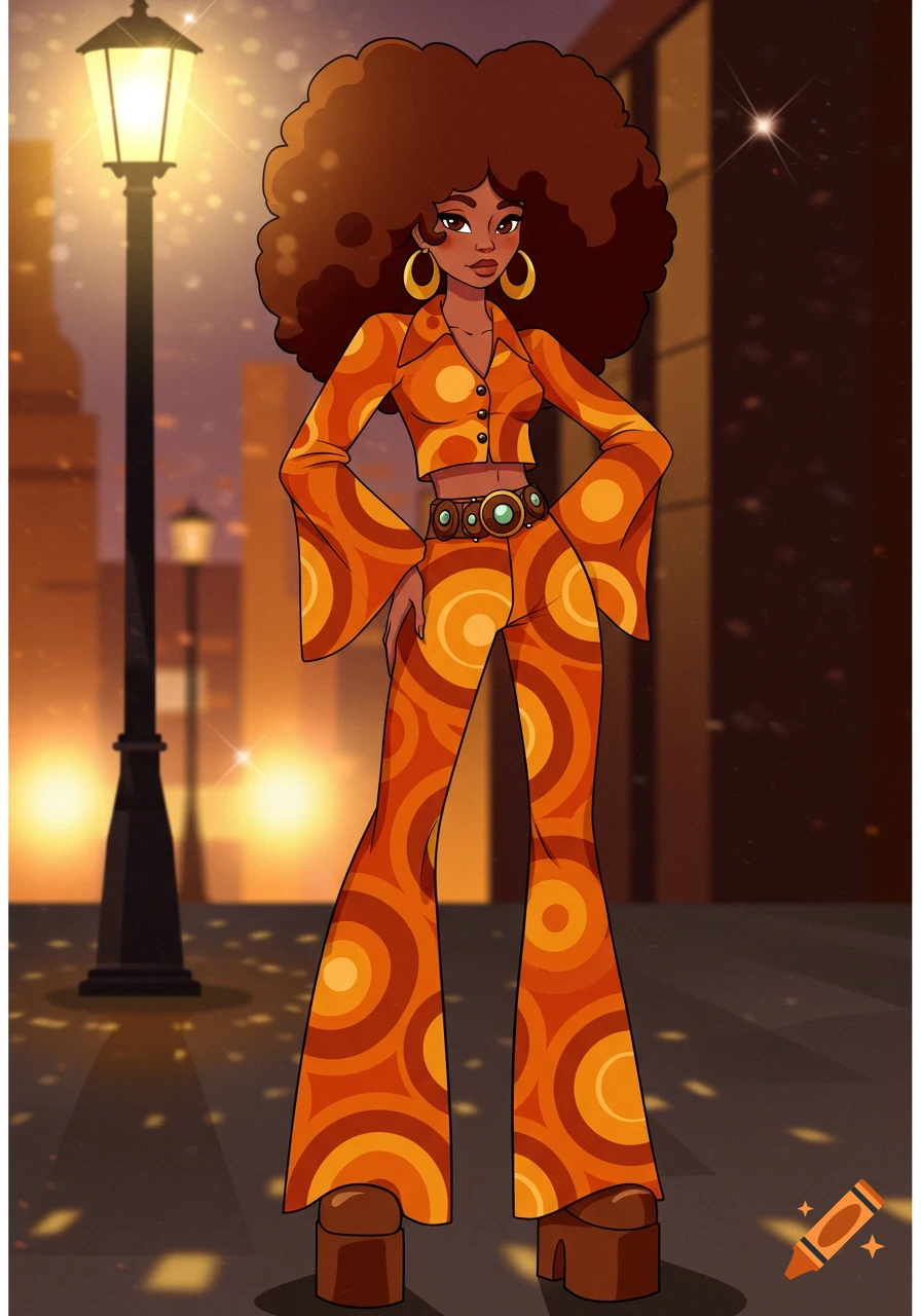 Illustration of a woman with an afro in an orange 1970s patterned jumpsuit and platform shoes on a city street at night.