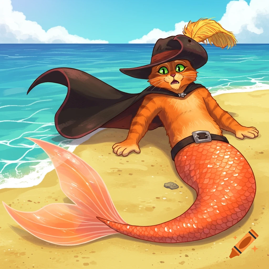Cartoon Puss in Boots with an orange mermaid tail lies surprised on a sandy beach with the ocean in the background.