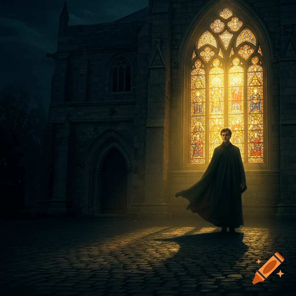A man in a dark cloak stands outside a gothic church at night, illuminated by the bright, colorful stained glass window.