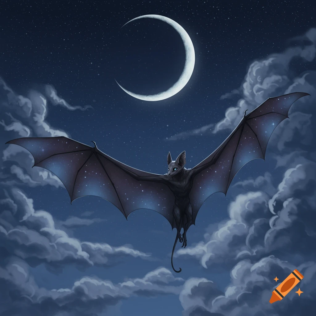 A detailed fantasy illustration of a batfolk creature with large wings flying through a starry night sky with clouds and a crescent moon.