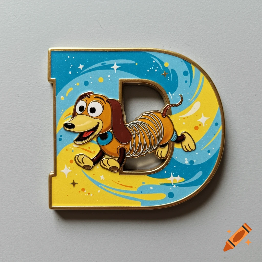 A Disney annual pass holder magnet shaped like a gold-edged letter D, featuring Slinky Dog from Toy Story on a blue and yellow starry background.