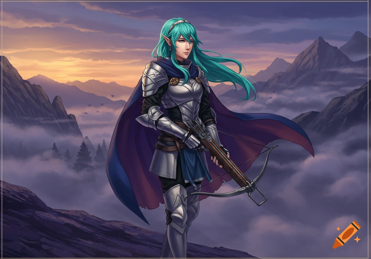 An anime-style female elf warrior with teal hair and silver armor stands with a crossbow in a misty mountain landscape at sunset.