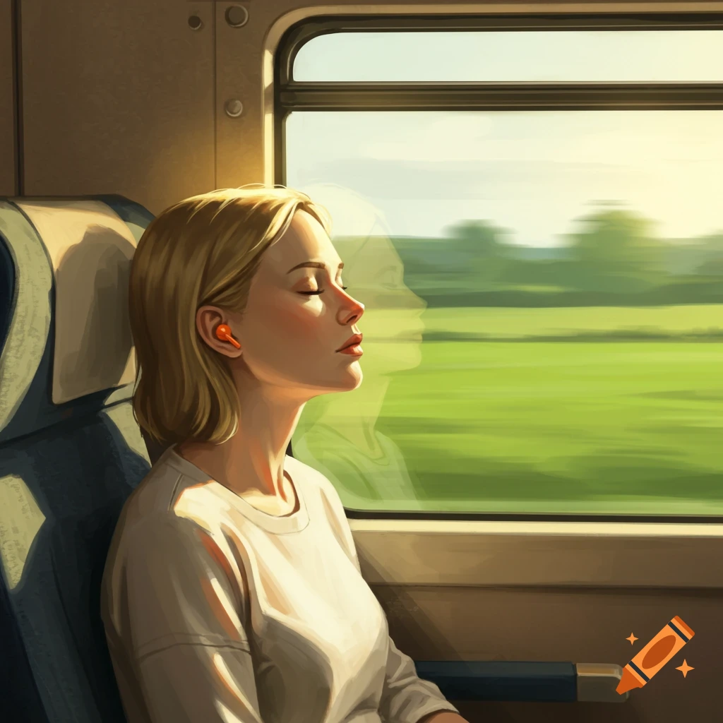 An illustrated blonde woman rests on a train with orange earplugs, green landscape blurring outside the window.