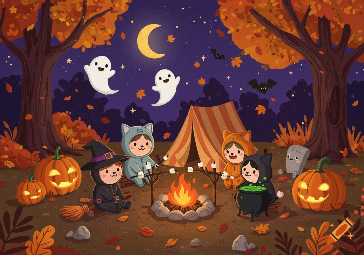 Cartoon children in Halloween costumes camp by a bonfire, roasting marshmallows, with pumpkins, ghosts, bats, and autumn trees under a crescent moon.
