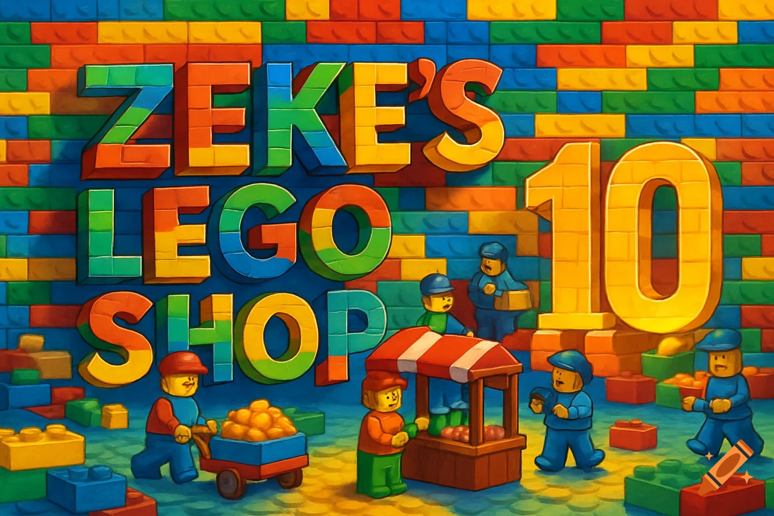 A vibrant LEGO brick wall background features 3D text 'ZEKE'S LEGO SHOP' and a gold '10', with LEGO figures operating a market stall and cart.