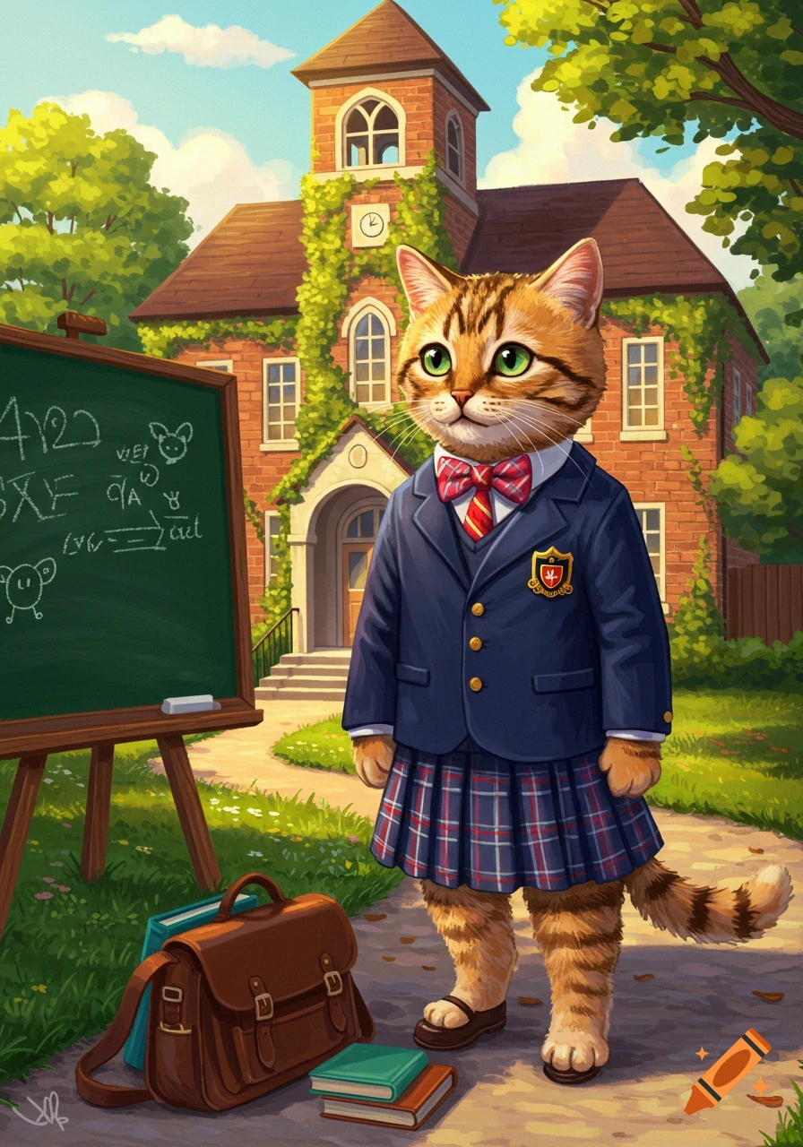 A charming illustration of a tabby cat wearing a blue school uniform and a red bow tie, standing outside a brick schoolhouse next to a chalkboard and satchel.