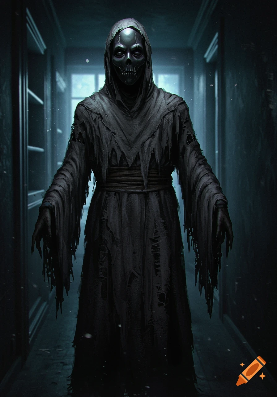A menacing grim reaper-like figure with a skull mask and tattered black robes stands in a dark, eerie hallway.