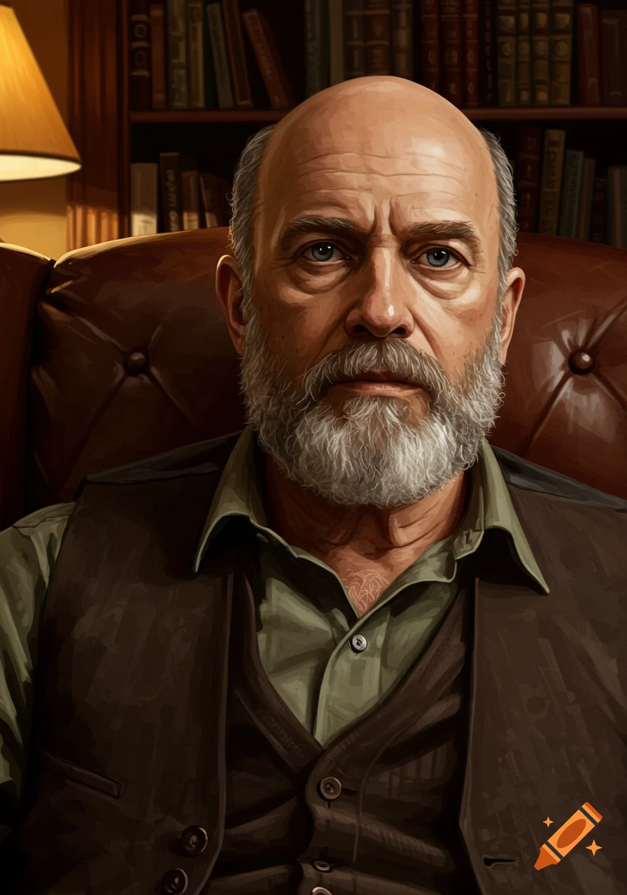 Digital painting of a bald, bearded man in a brown vest sitting in a leather chair with a bookshelf behind him.