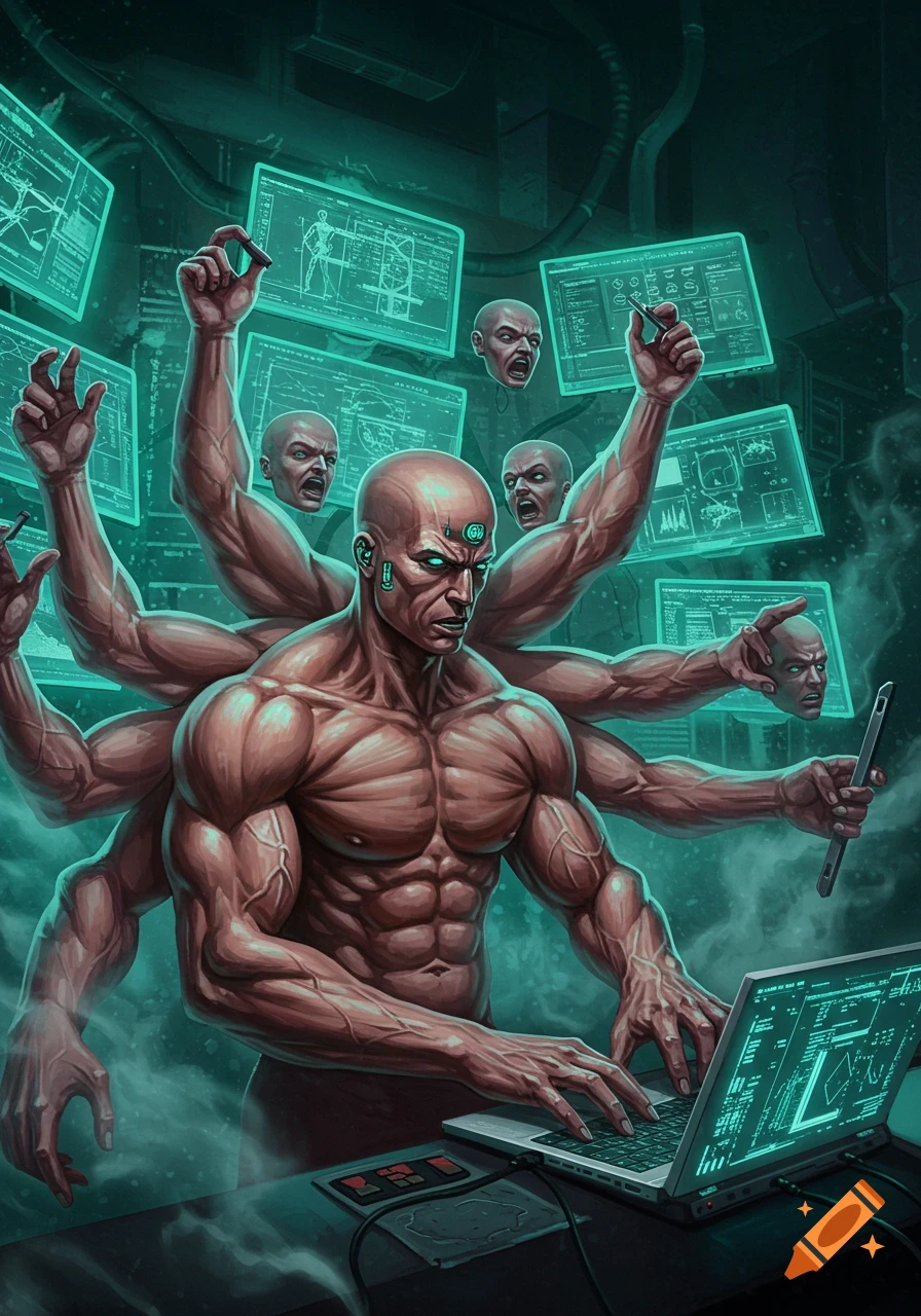 A bald, multi-armed, muscular man with glowing eyes types on a laptop amidst glowing data screens and screaming disembodied heads in a dark, cybernetic setting.