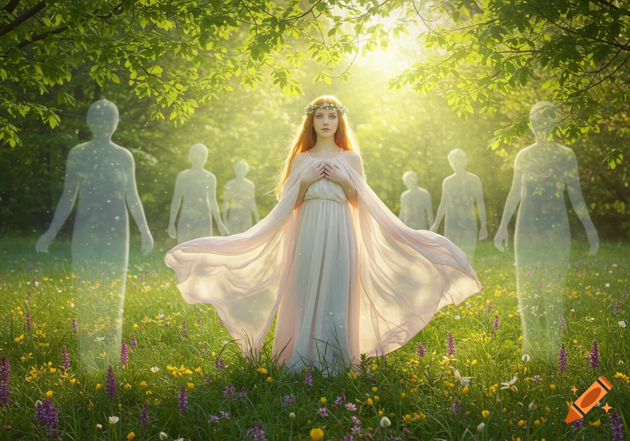 A red-haired woman in a flowing white dress stands in a sunlit, flower-filled meadow, surrounded by ethereal, translucent figures under a green tree canopy.