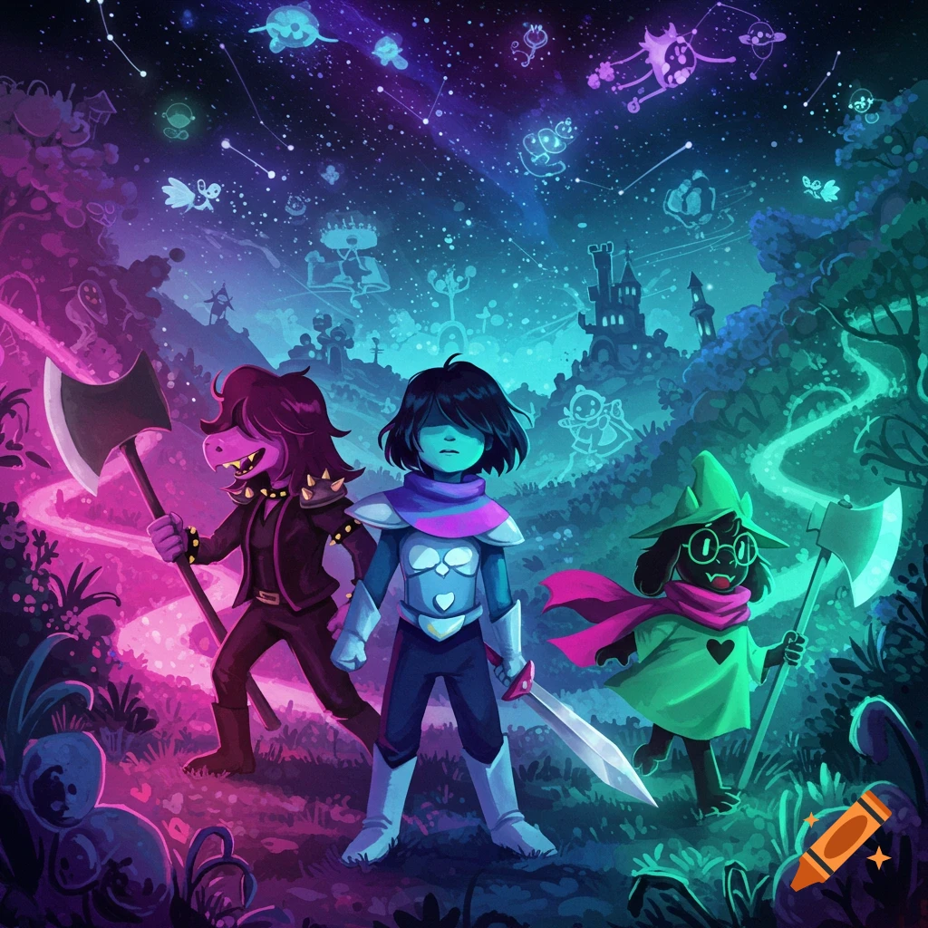 Deltarune characters Susie, Kris, and Ralsei stand in a vibrant, neon-lit forest under a starry sky with constellations.