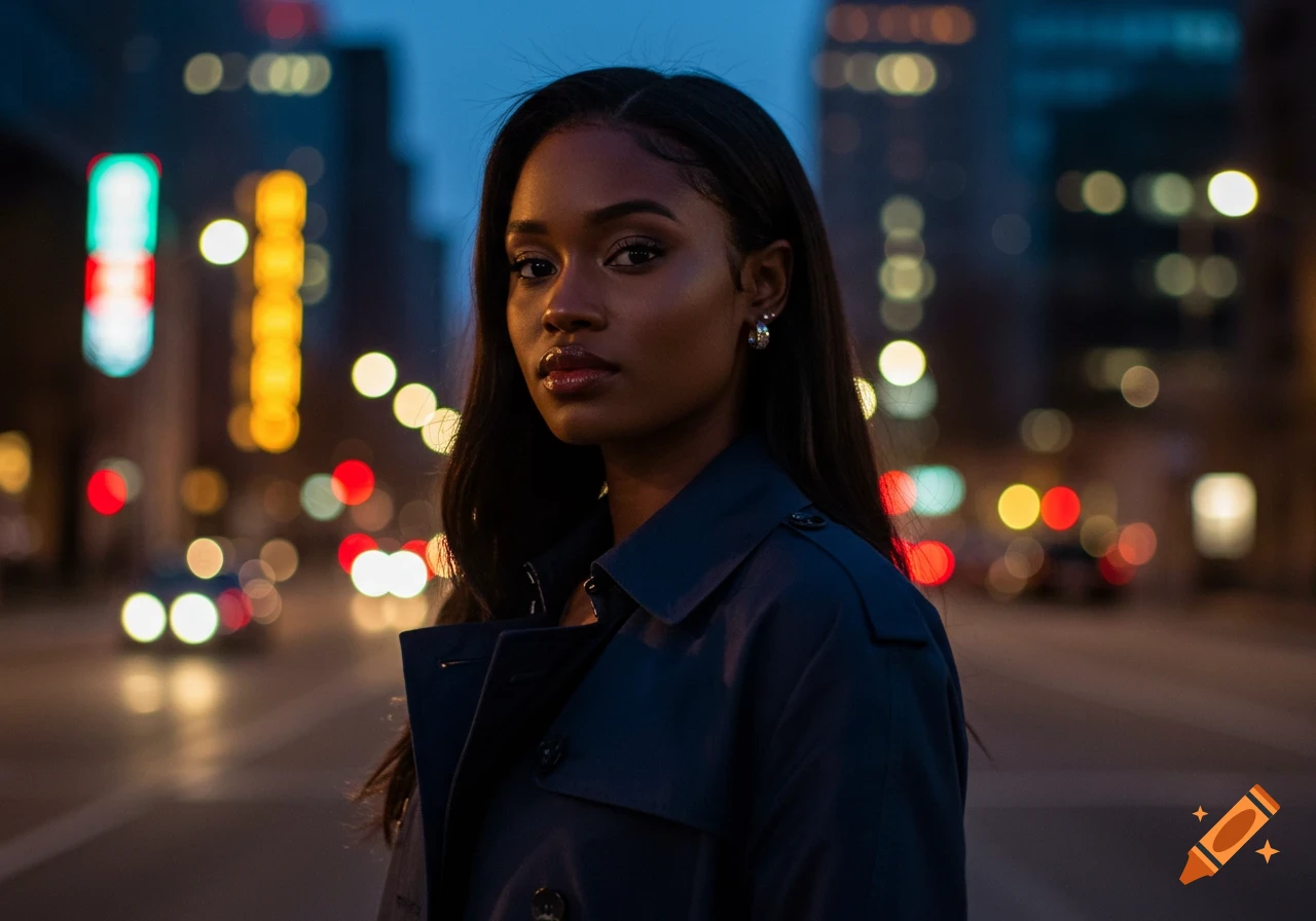 Photorealistic portrait of a woman on a city street at night, with blurry lights in the background.