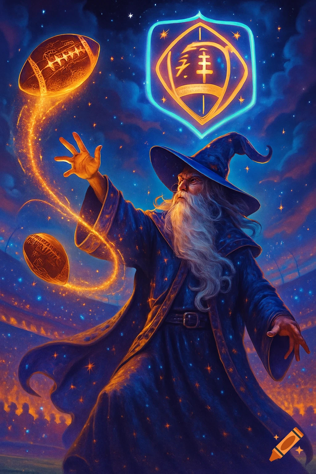A majestic wizard conjures glowing American footballs against a starry night sky, with a magical emblem above, in a digital art style.