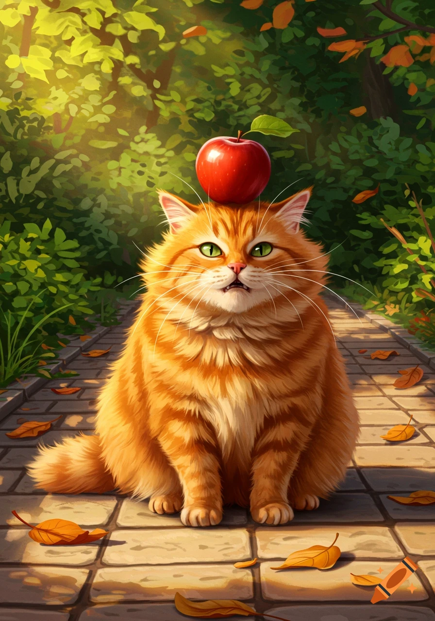 A fluffy orange cat with an apple on its head sits on a sunlit stone path, looking annoyed amidst autumn leaves in a stylized illustration.