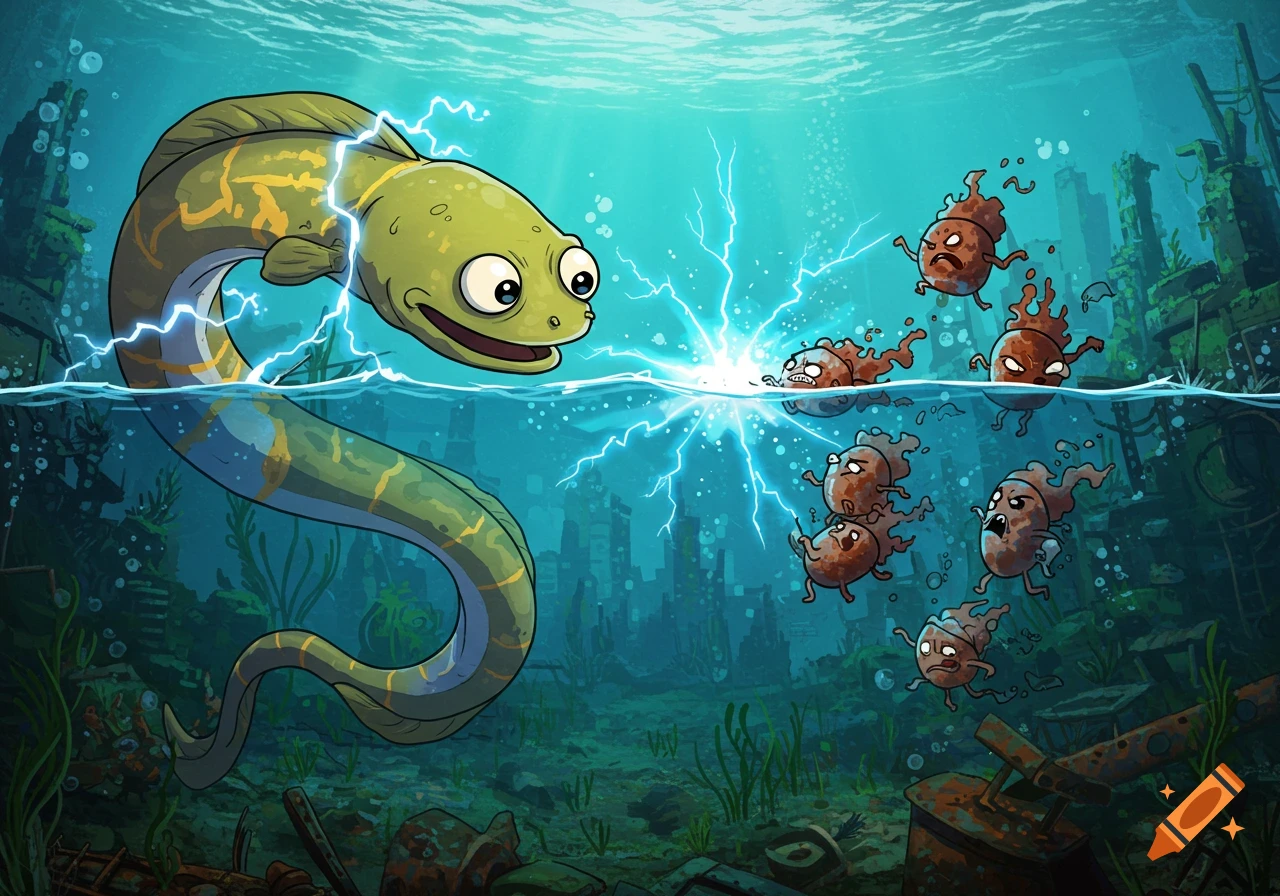 A cartoon electric eel shocks a group of small, brown, angry, mud-like creatures in a vibrant underwater scene with sunken ruins.