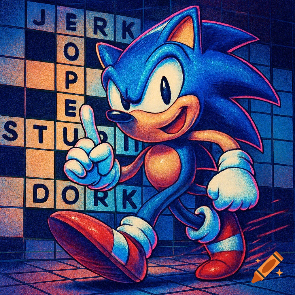 Sonic the Hedgehog points upward, walking confidently in front of a crossword puzzle with words like 'JERK' and 'DORK' in a vibrant comic art style.
