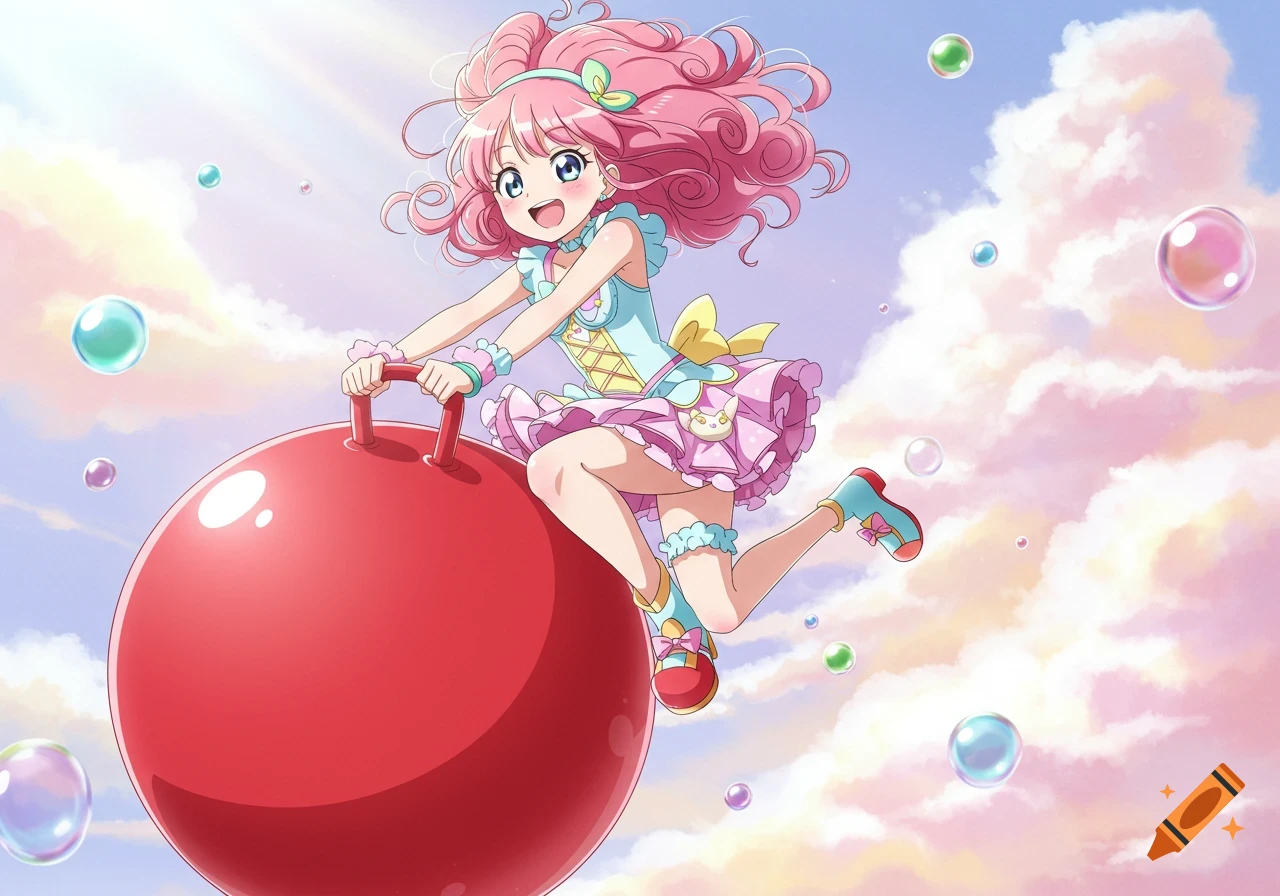 Anime girl with pink hair joyfully bounces on a red space hopper amidst clouds and colorful bubbles.