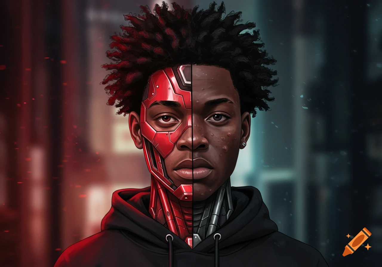 Half-human, half-robot portrait of a young Black man with dreadlocks and a red cyborg face, wearing a black hoodie.