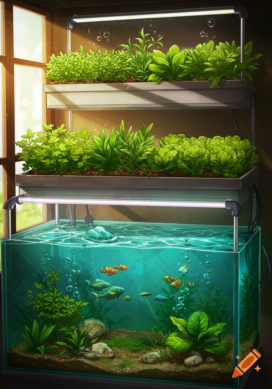 Vibrant illustrated aquaponics system with a fish tank under grow beds of green plants by a sunny window.