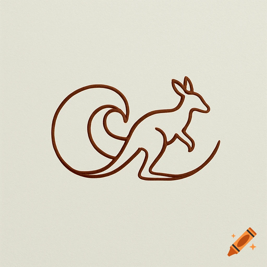 A continuous deep brown line drawing of a stylized kangaroo with its tail forming a curling wave, on an off-white background.