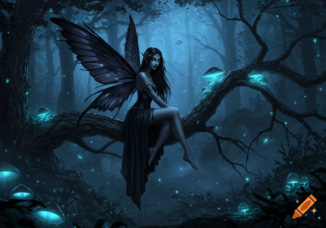 A dark fairy with large wings and glowing eyes sits on a branch in a mystical, blue-lit forest with glowing mushrooms.