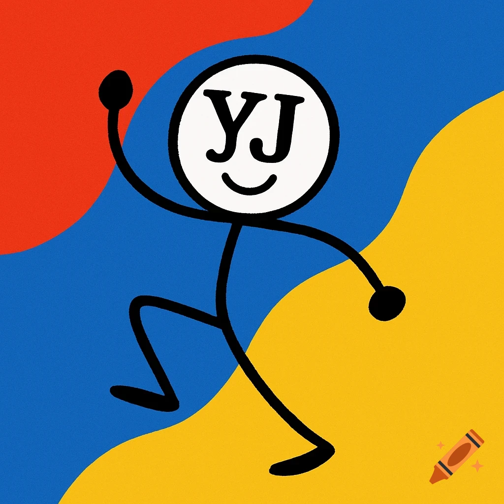A cartoonish stick figure with 'YJ' and a smile on its face, walking against an abstract background of red, blue, and yellow shapes.