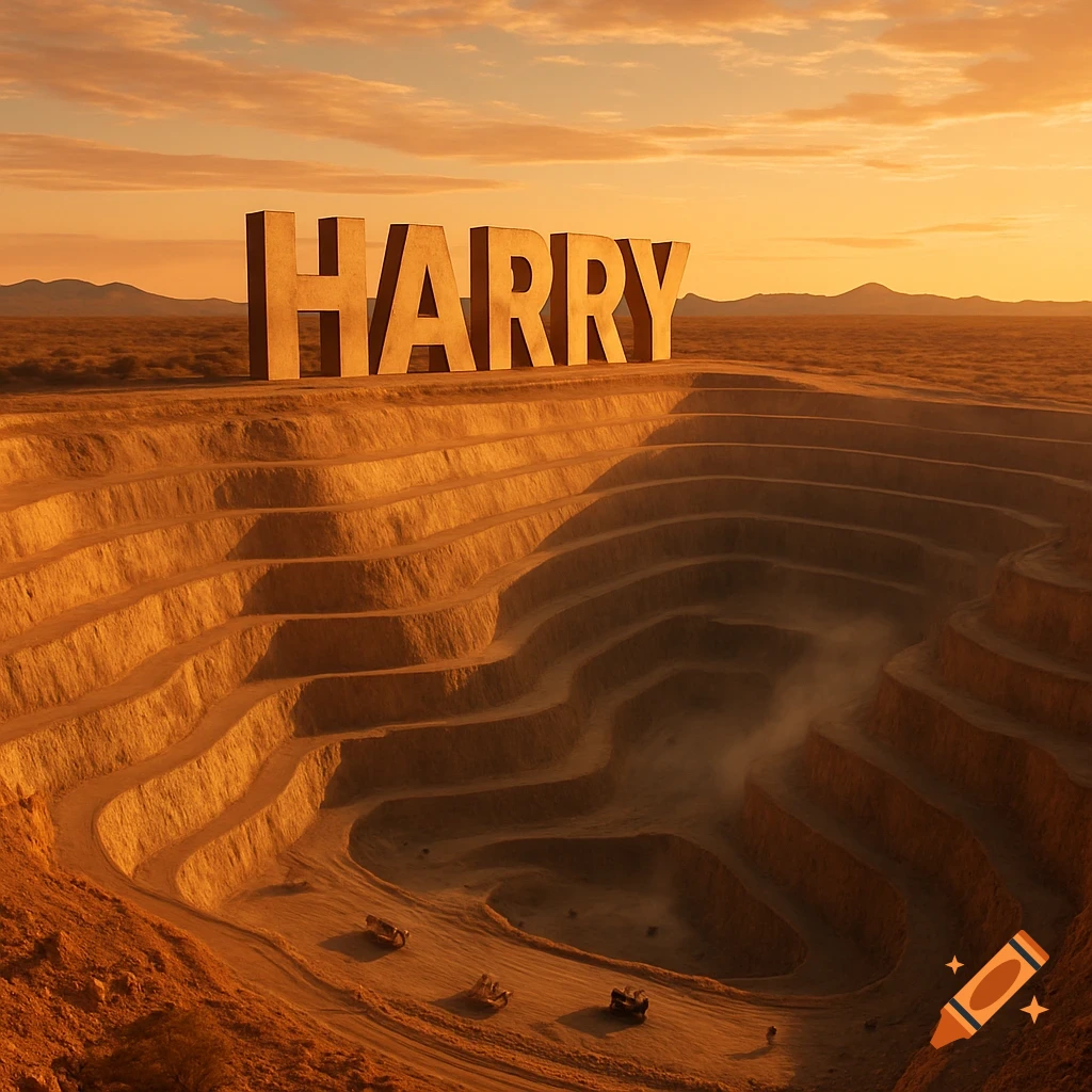 Giant letters spelling HARRY overlook a large open-cut gold mine with trucks in a desert landscape at sunset.