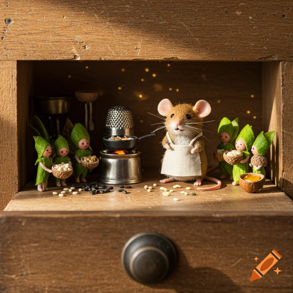 A tiny mouse chef in an apron cooks on a thimble stove in a wooden drawer kitchen, assisted by tiny leaf-dressed people.