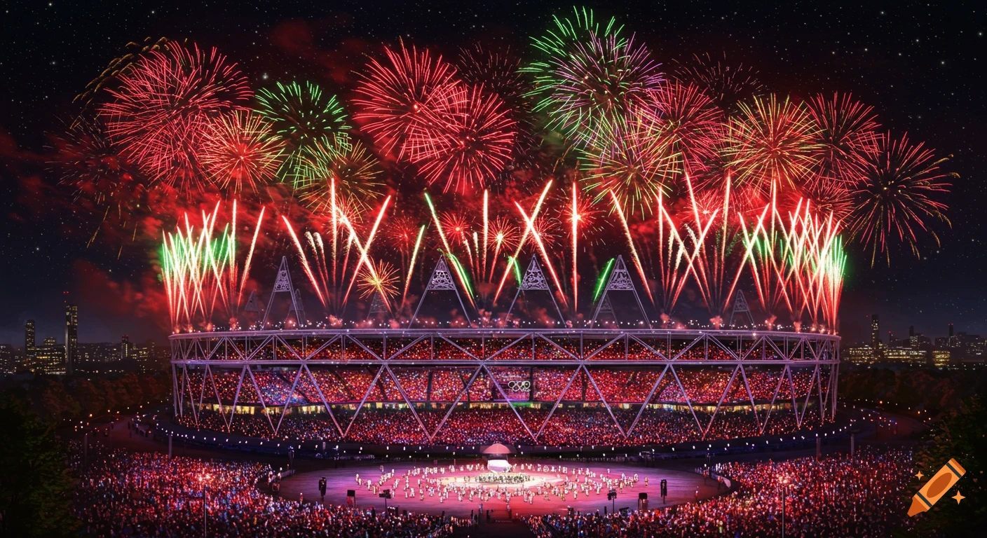 A photorealistic night scene of a vibrant fireworks display exploding over an Olympic stadium packed with a cheering crowd, with the Olympic rings visible on a screen.