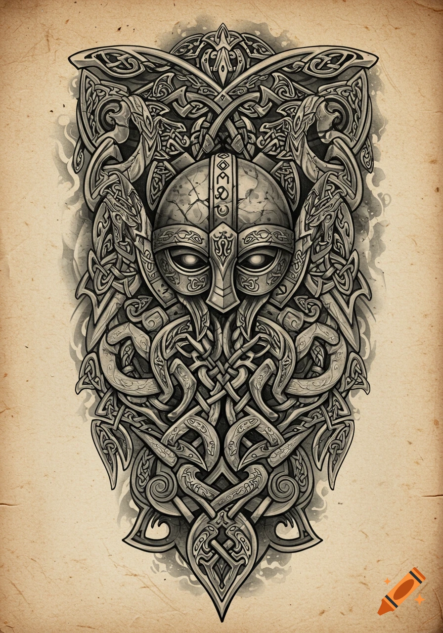 Monochromatic Viking helmet with glowing eyes surrounded by intricate Celtic knot patterns on an aged paper background, in a tattoo design style.