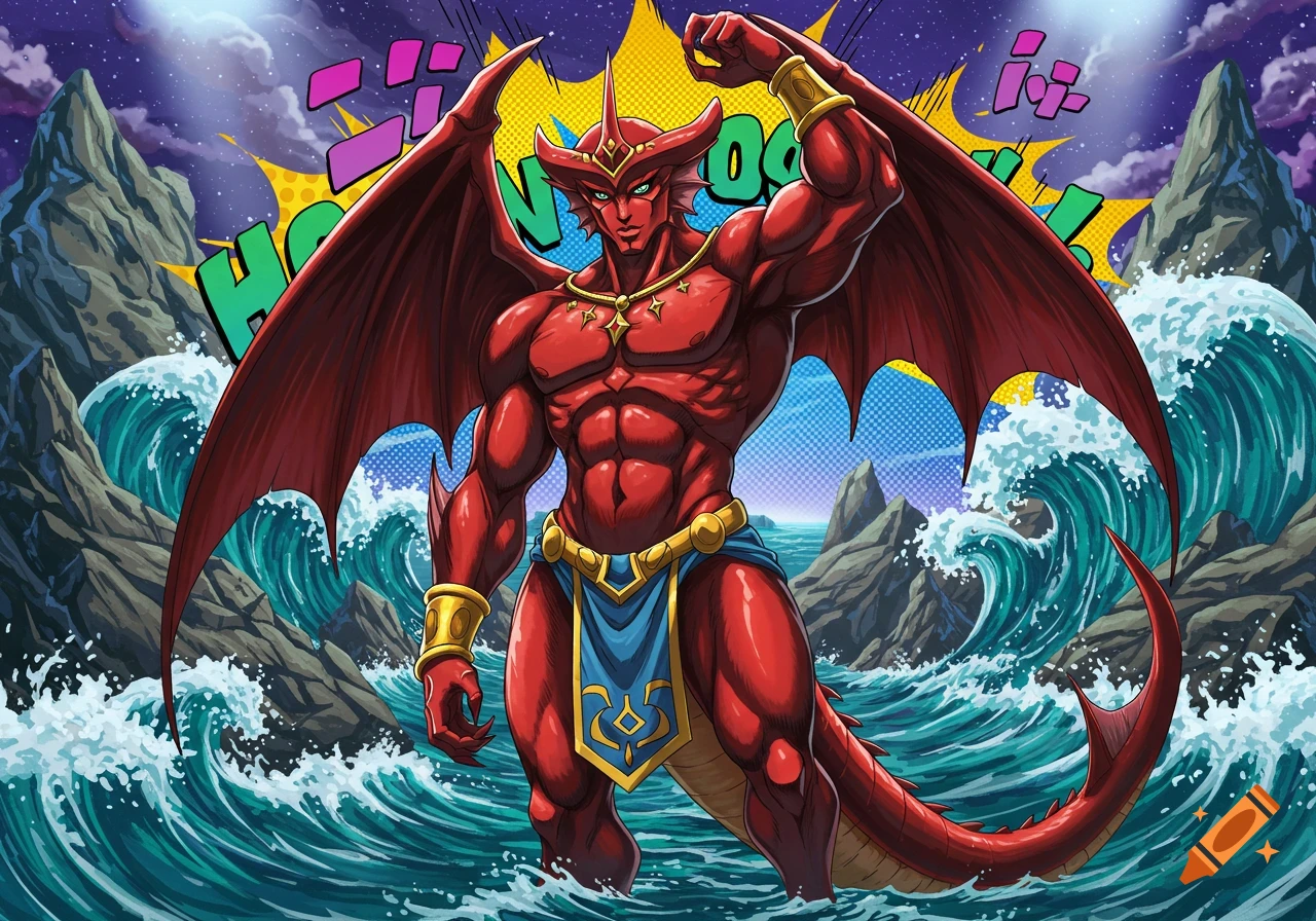 Muscular red dragon-like character with wings and tail, wearing a loincloth, posing in a stormy ocean in a dynamic anime style.