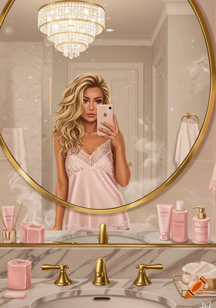A stylized illustration of a blonde woman in a pink nightgown taking a mirror selfie in a luxurious bathroom.