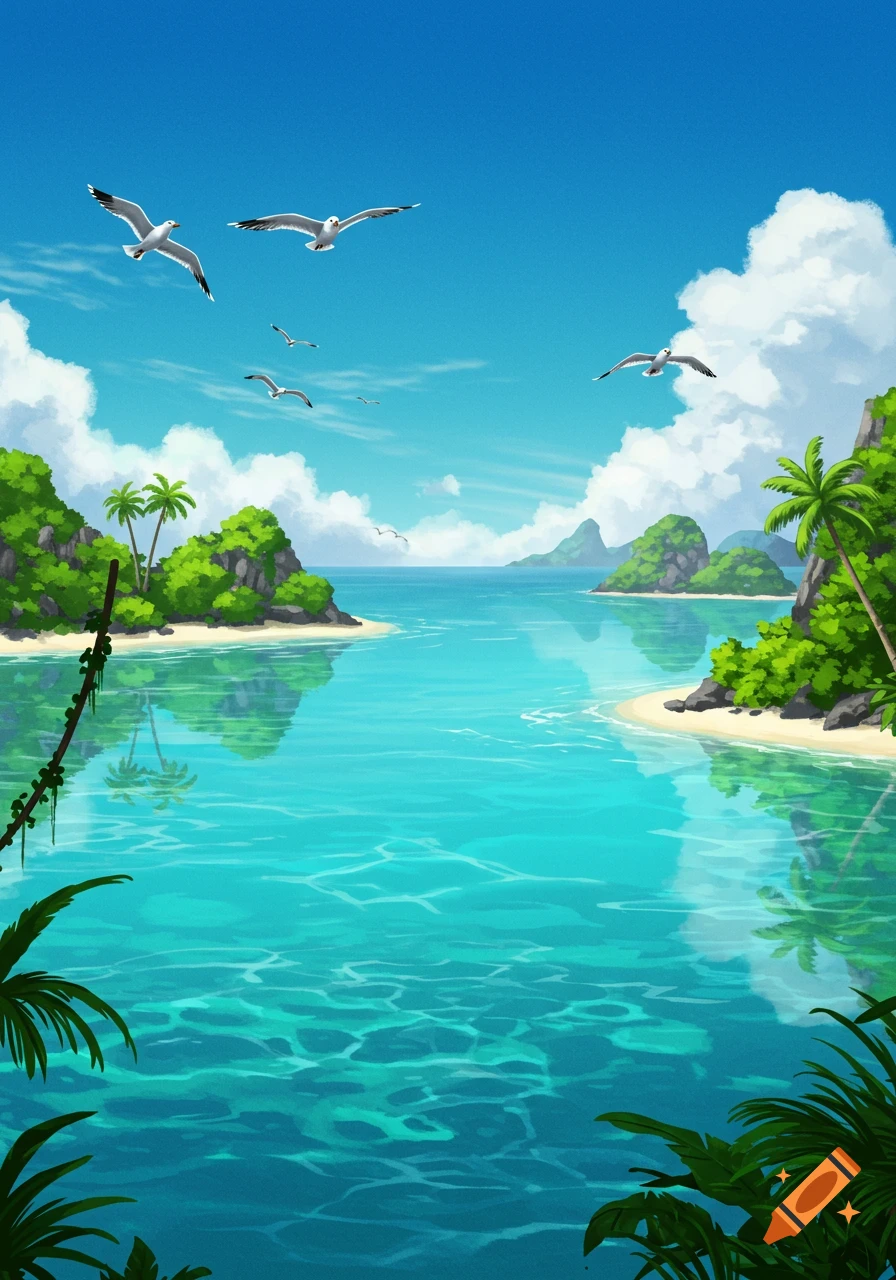 Vibrant tropical bay with clear turquoise water, lush islands, sandy beaches, and seagulls flying under a blue sky.