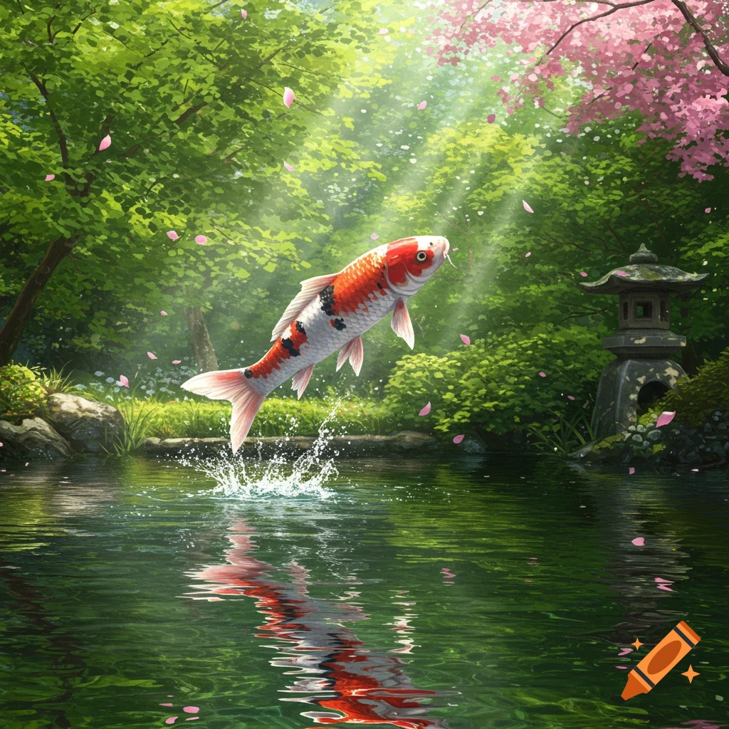 A vibrant koi fish leaps from a serene green pond in a lush Japanese garden with cherry blossoms and a stone lantern.