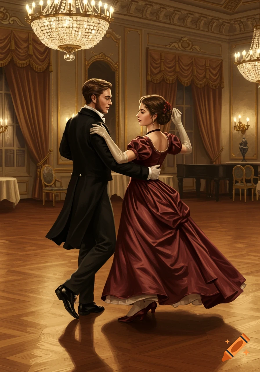 A man in a tailcoat and a woman in a red gown dance in a chandelier-lit ballroom.