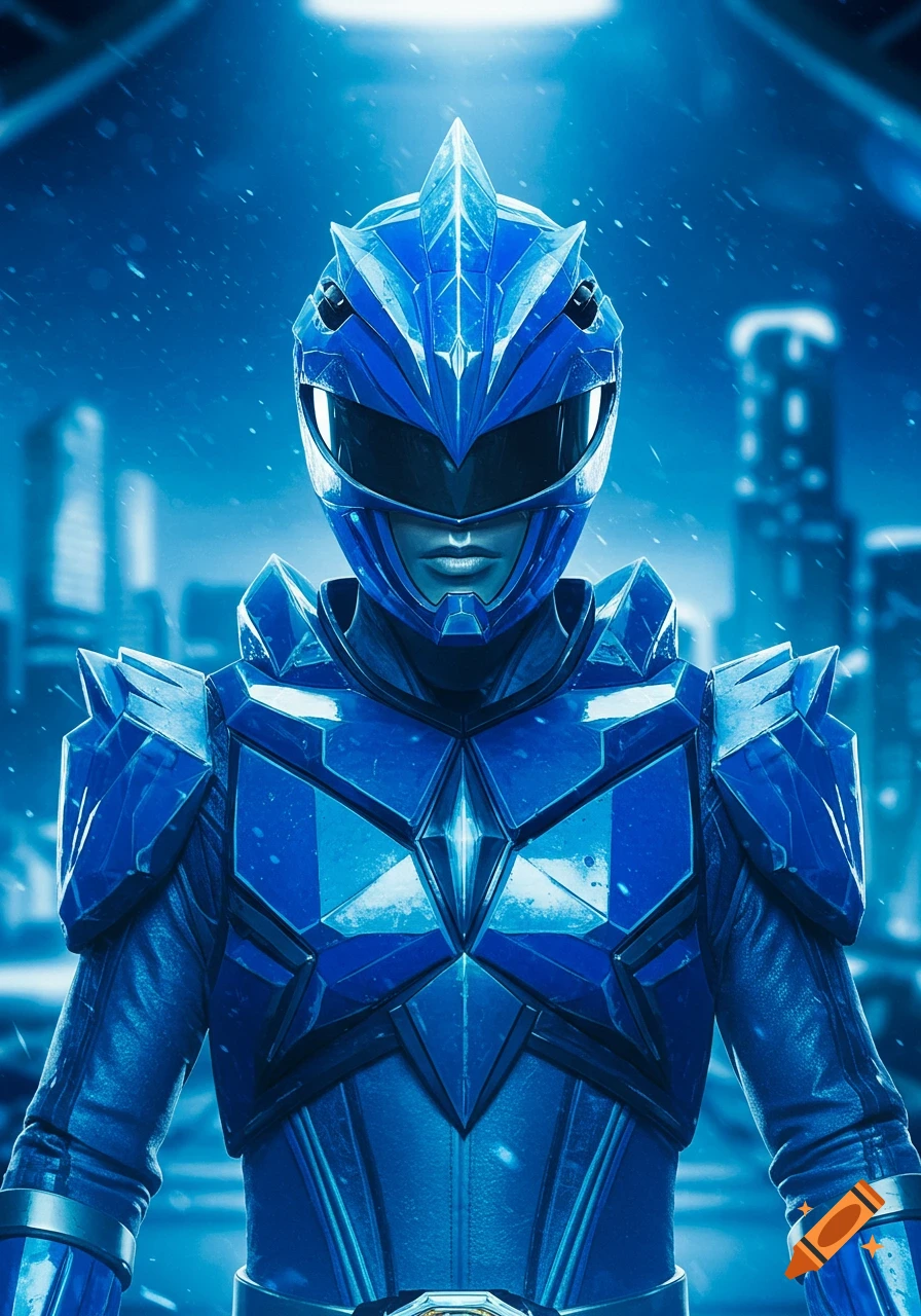 Close-up of a blue Power Ranger-like character with a crystalline, spinosaurus-inspired helmet and armor, standing in a futuristic city under falling snow.