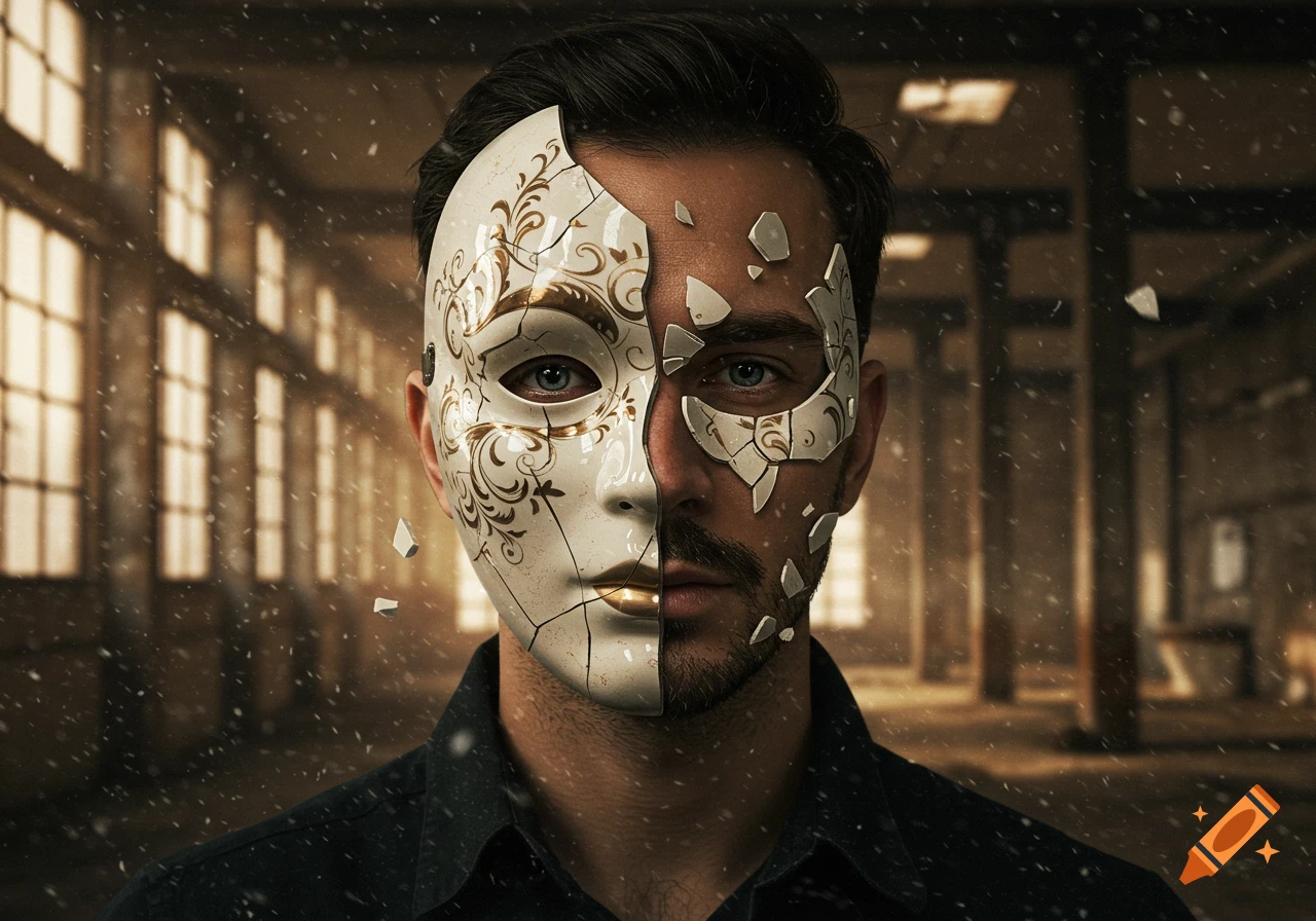 Photorealistic portrait of a man with half his face covered by an ornate, broken white and gold mask, in a dusty, industrial setting.