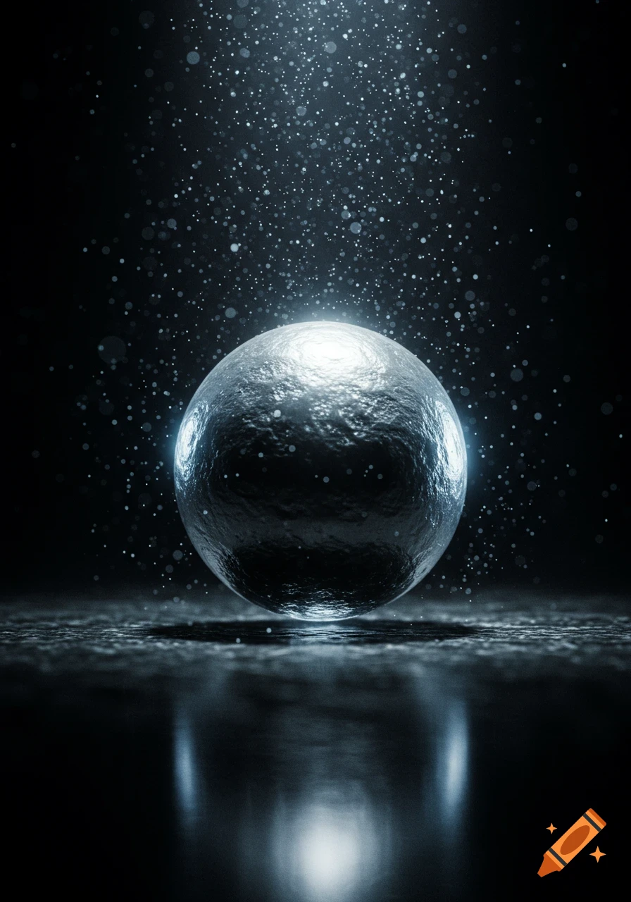 A glowing, textured metallic sphere reflects on a wet surface as droplets fall from above in a dark environment.