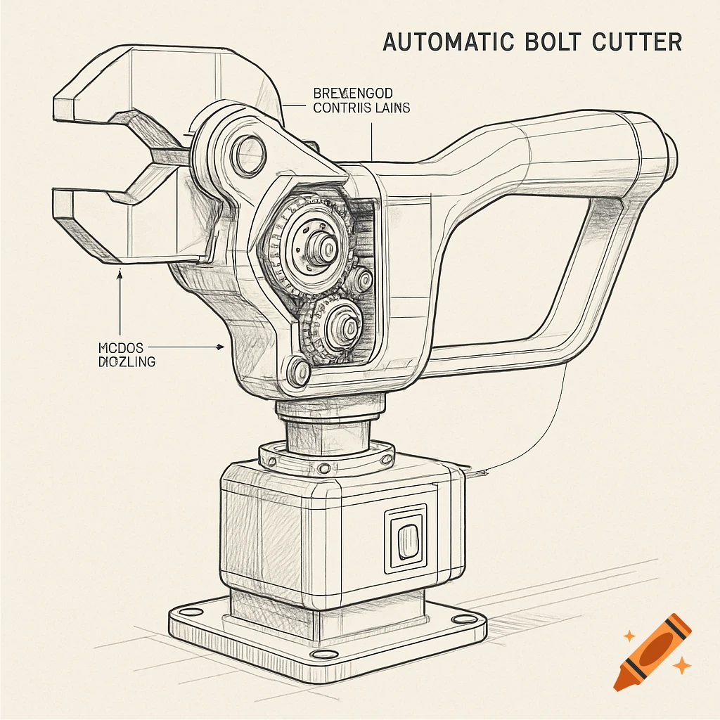 Detailed line art sketch of an automatic bolt cutter on a base, with visible internal gears and a handle.
