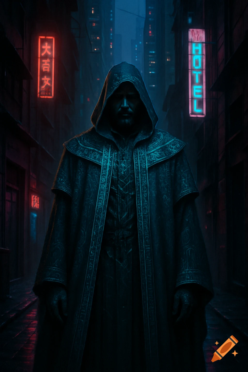 A futuristic man in a dark, hooded, scripture-lined cloak stands in a neon-lit cyberpunk alley at night. Dramatic lighting.