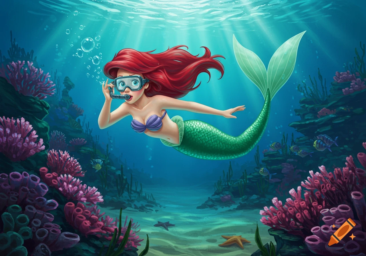 Stylized illustration of Ariel, the mermaid, wearing a snorkel mask and swimming underwater amidst colorful coral reefs.