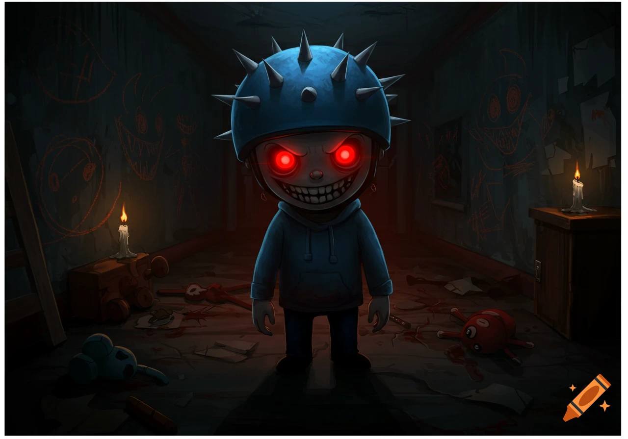 A creepy, evil-looking cartoon child in a spiked helmet and hoodie, with glowing red eyes and sharp teeth, stands in a dark room with bloodstains and unsettling drawings on the walls.