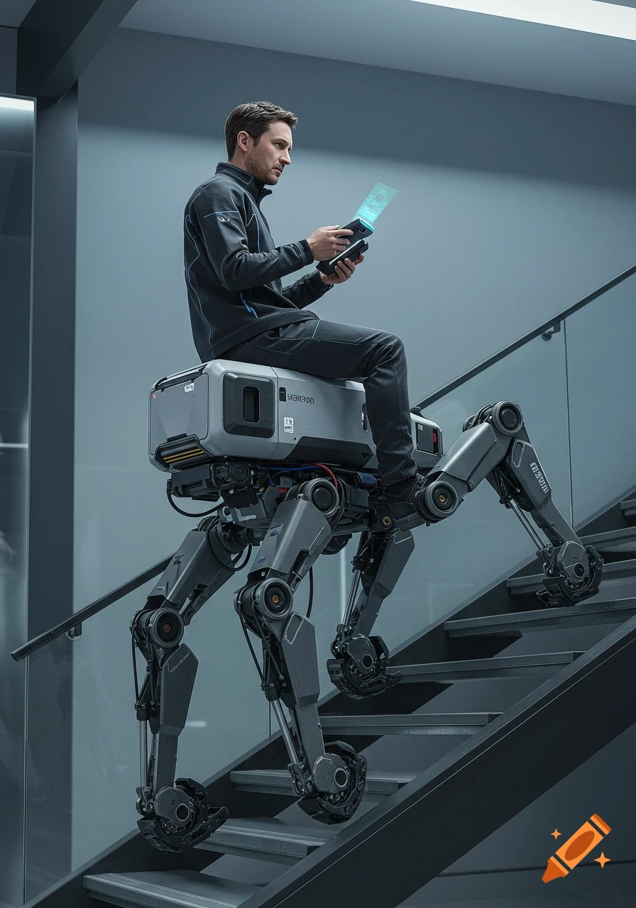 Photorealistic image of a man riding a six-legged robot up a modern staircase in a sleek, futuristic building.