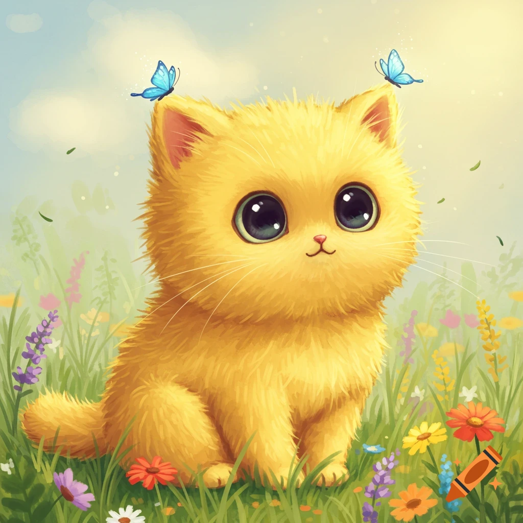 A fluffy yellow cartoon cat with big eyes sits in a field of colorful flowers with blue butterflies on its head.