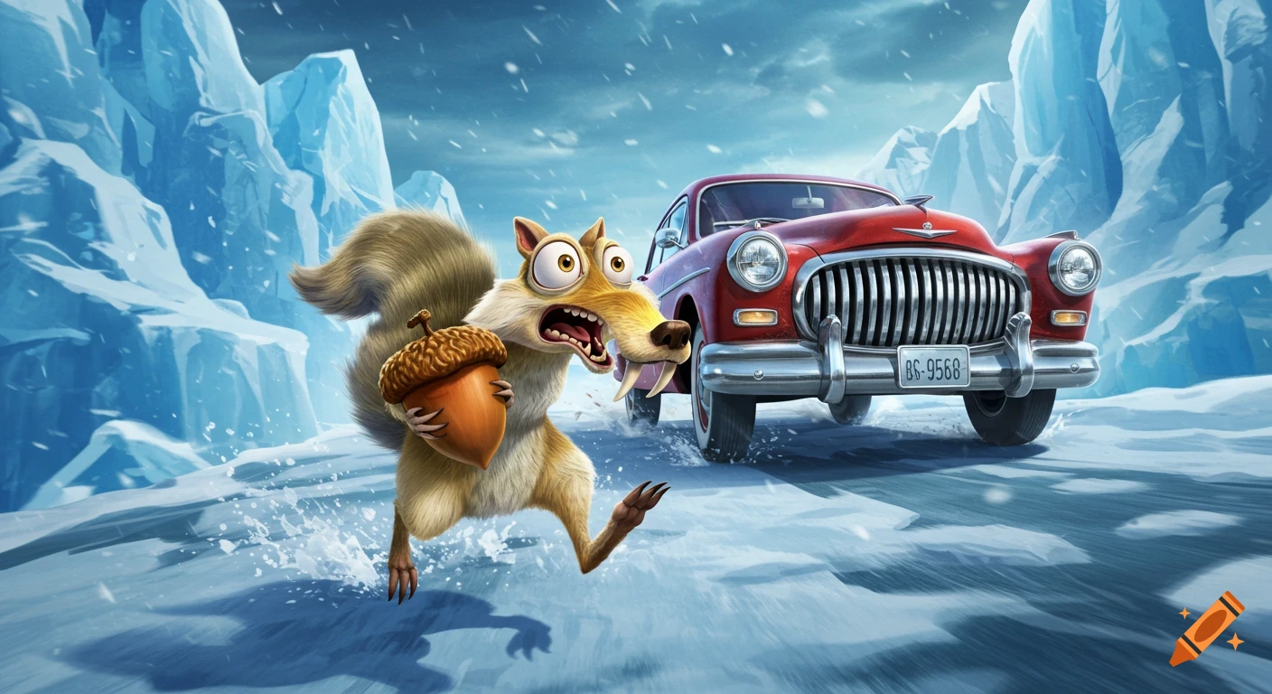 Scrat, a cartoon squirrel, frantically runs with an acorn as a red vintage car chases him through a snowy, icy landscape.