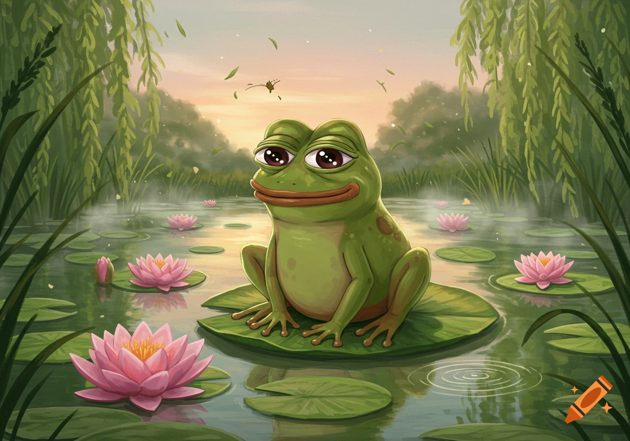 A cartoon frog, resembling Pepe, sits on a lily pad in a pond with pink lotus flowers and willow trees at sunset.