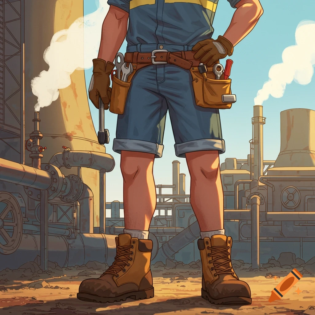 Illustrated maintenance worker in shorts, boots, and tool belt, standing in an industrial setting with pipes and smokestacks.
