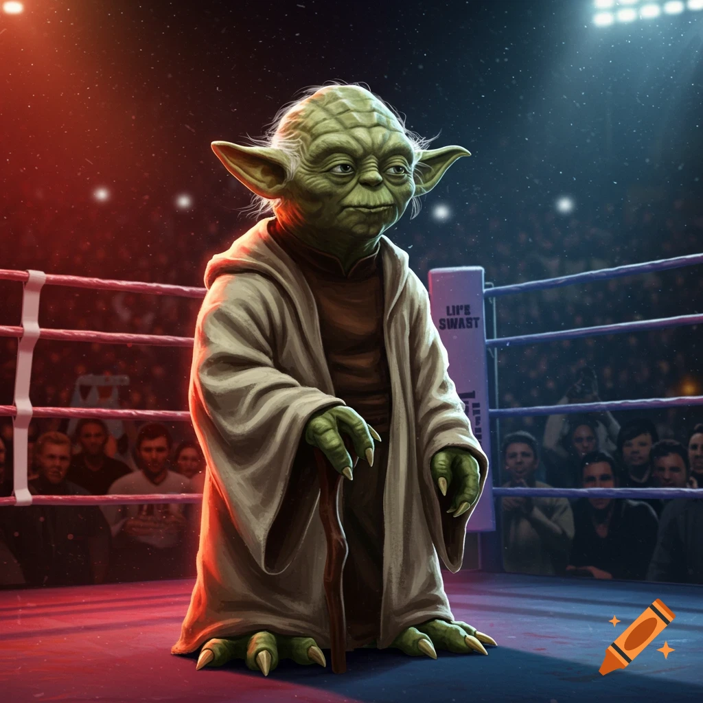Yoda in a boxing ring, holding a staff, with an audience in the background. Digital art.