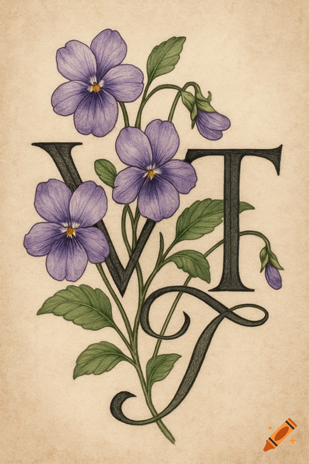 Colored pencil illustration of purple violets interwoven with decorative black letters 'V' and 'T' on a textured beige background.